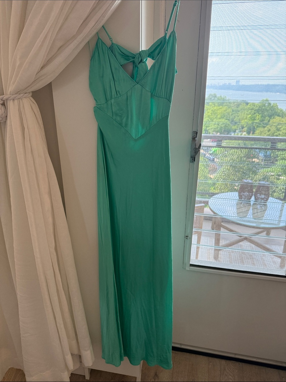 Bardot Mint Green Satin V-Neck Maxi Dress with Tie-Back Straps